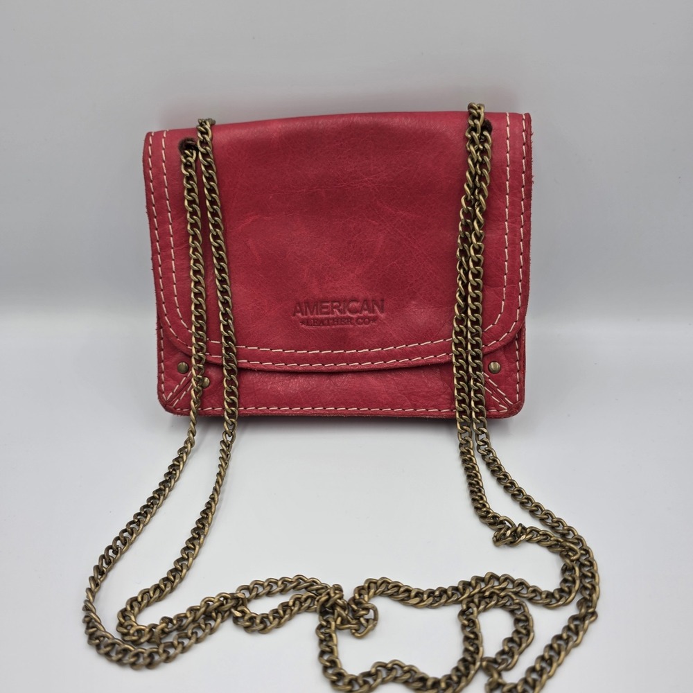 American Leather Co‎ Red Genuine Leather Shoulder Purse Gold Chain Strap Small